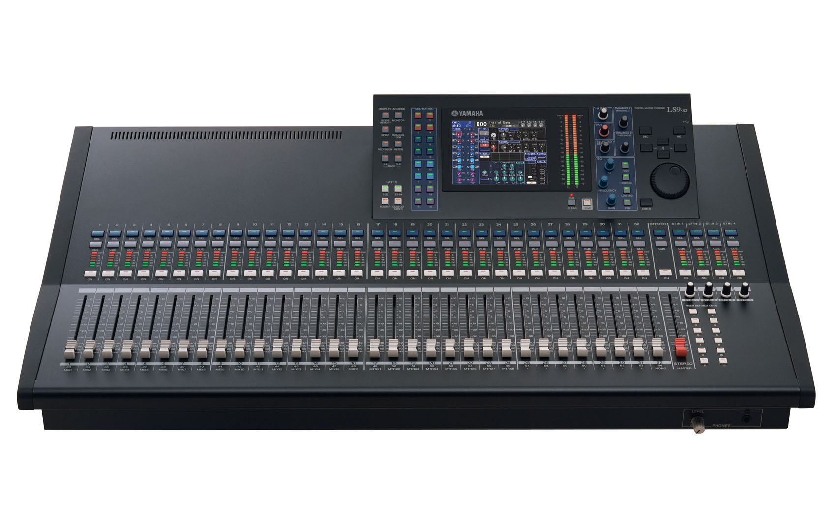 A 32-channel Yamaha LS9 digital mixing console.